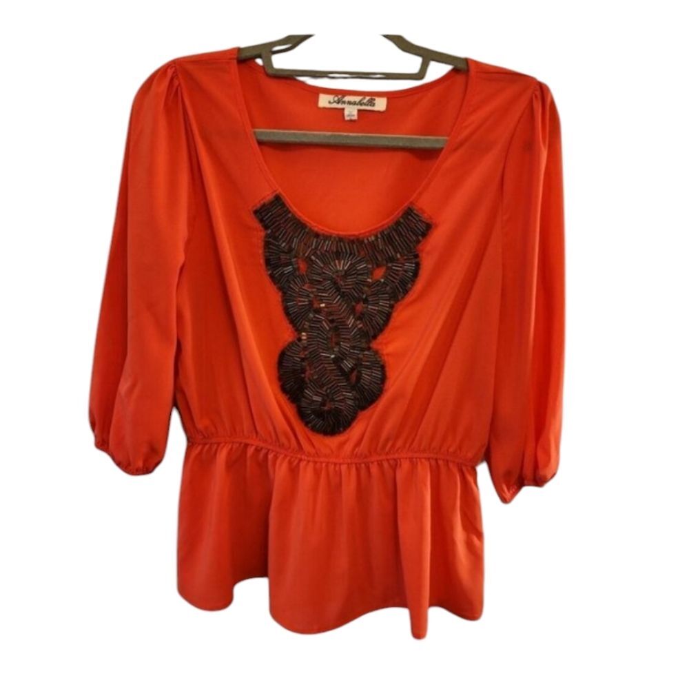 ANNABELLA ORANGE DRAMATIC TOP WITH SEWN IN BEADING ON FRONT.